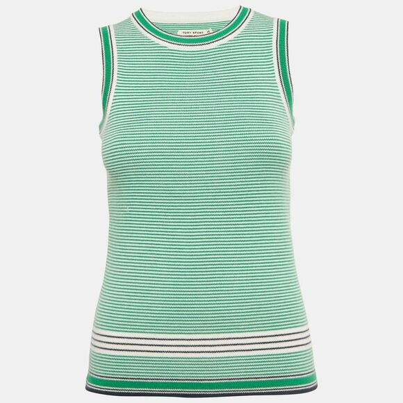 Tory Sport Green Striped Stretch Knit Sleeve Tank Top Xs